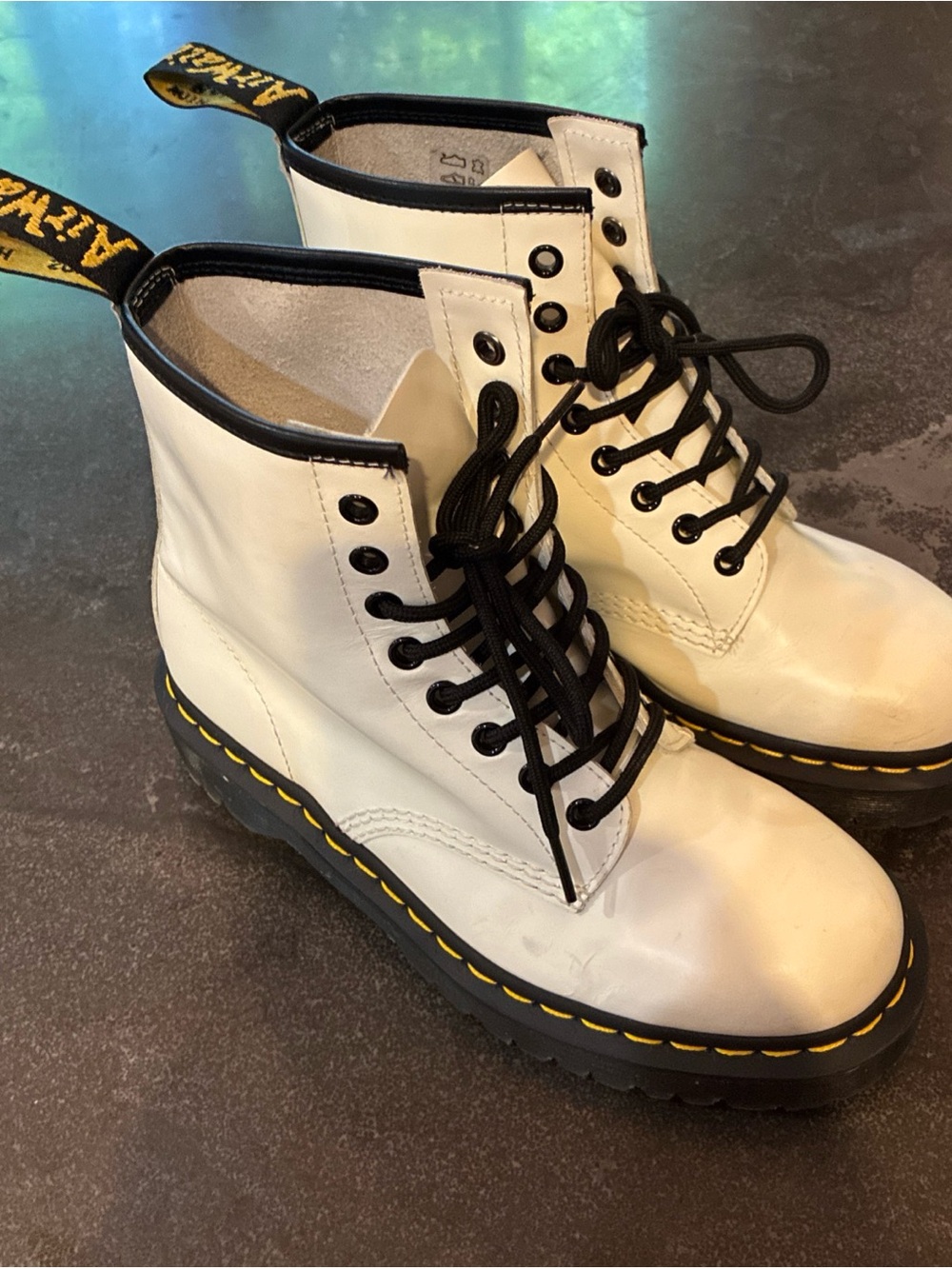 White Lace-Up Platform Dr. Martins Combat Boots with Black Laces